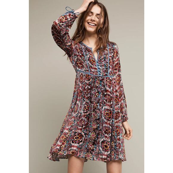 Anthropologie Abia Velvet Peasant Renaissance Festival Burnout Mini Dress - Picture 1 of 13